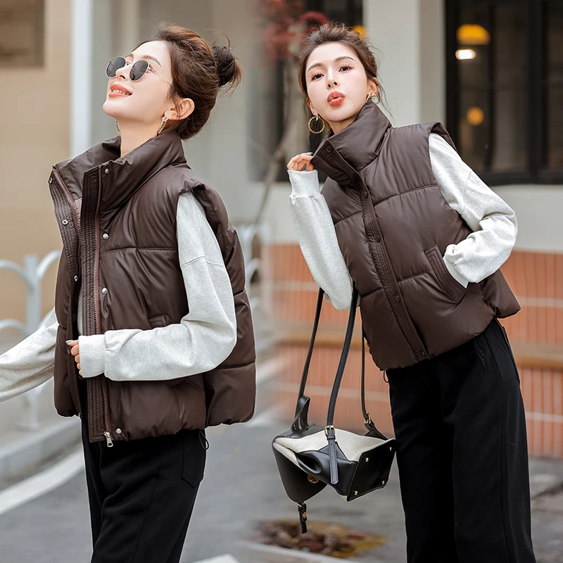 韩版时尚无袖立领马甲女秋冬洋气百搭短款坎肩宽松棉服背心外套