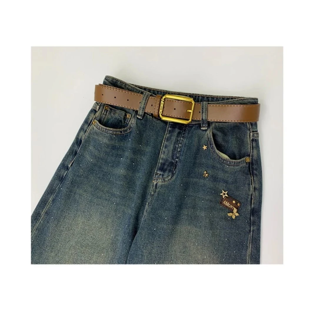 复古高腰阔腿直筒牛仔裤女2025春季新款大码宽松显瘦裤子直筒裤