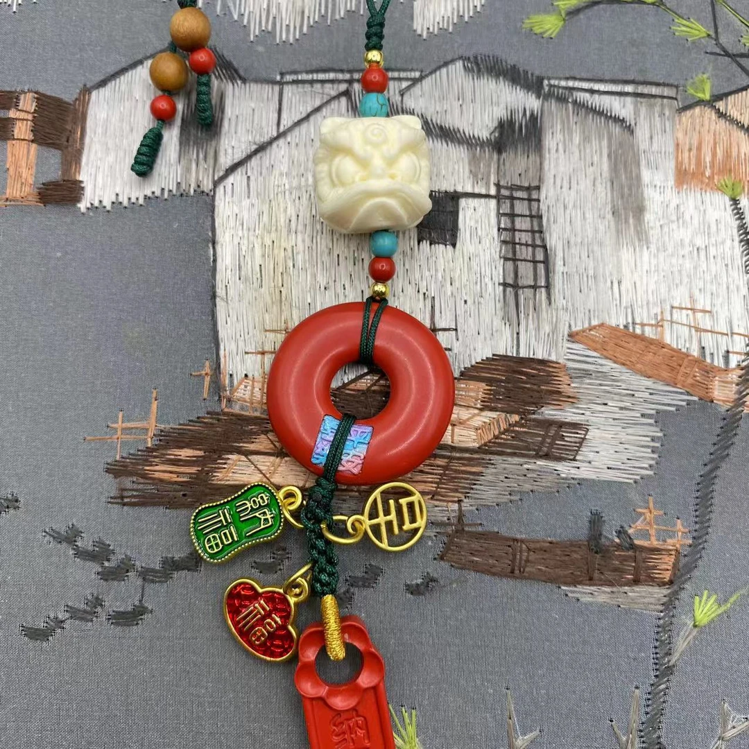 含辰砂工艺品16#高含量朱砂红砂设计款平安喜乐醒狮纳福包包挂