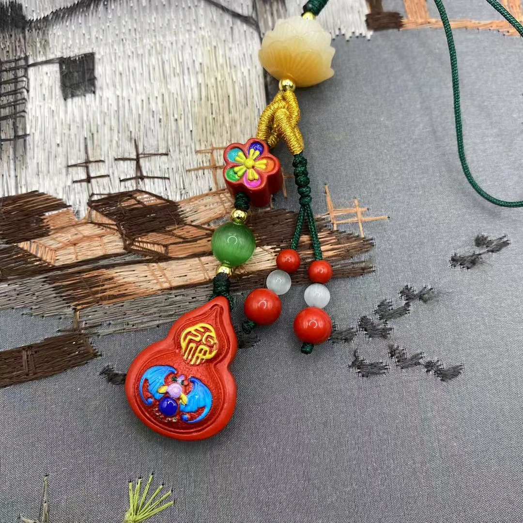 含辰砂工艺品高含量朱砂红砂设计款彩绘福禄双全爆款葫芦手机挂