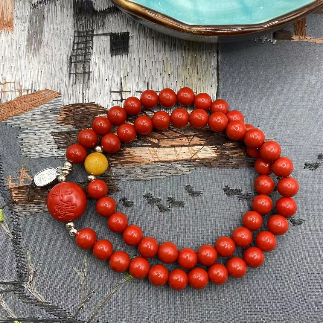 含辰砂工艺品高含量朱砂红砂设计款生肖黄隔珠双圈手串