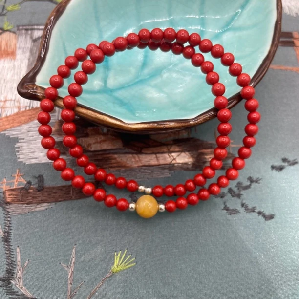 高含量朱砂红砂设计款黄隔珠卡4mm双圈手串朱砂手串