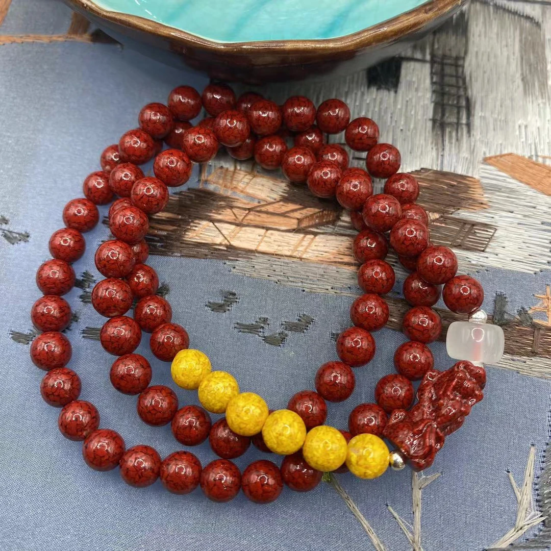 含辰砂工艺品高含量朱砂晶体貔貅黄佩珠三圈手串晶体不可火烧