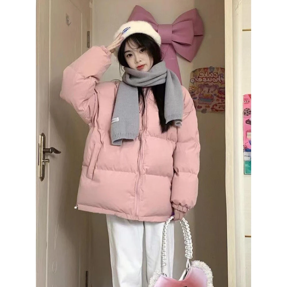 韩版加厚保暖粉色立领棉服外套女2023冬季新款宽松羽绒服棉袄潮款