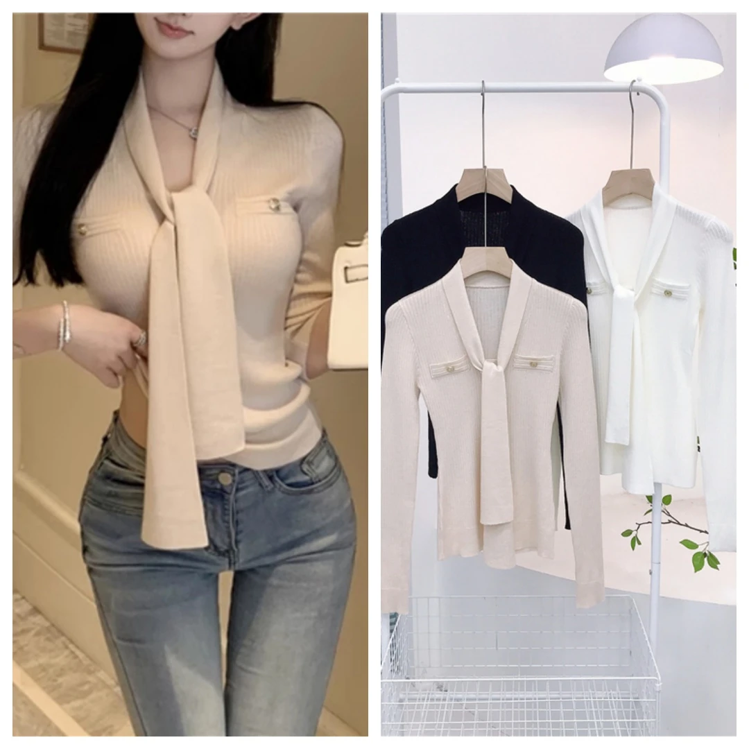 7874 秋冬14针羊毛混纺金秘书纯欲V领绑带排扣坑条收腰显瘦针织衫