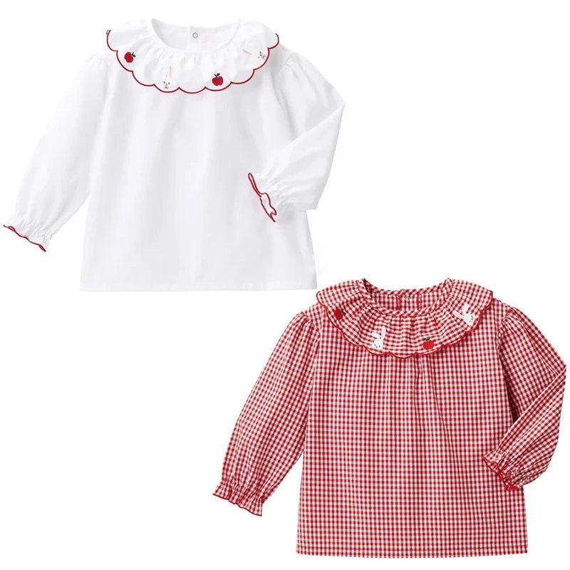 mk衬衣日系女童卡通小兔苹果刺绣娃娃领长袖衬衣打底衫薄款女孩E