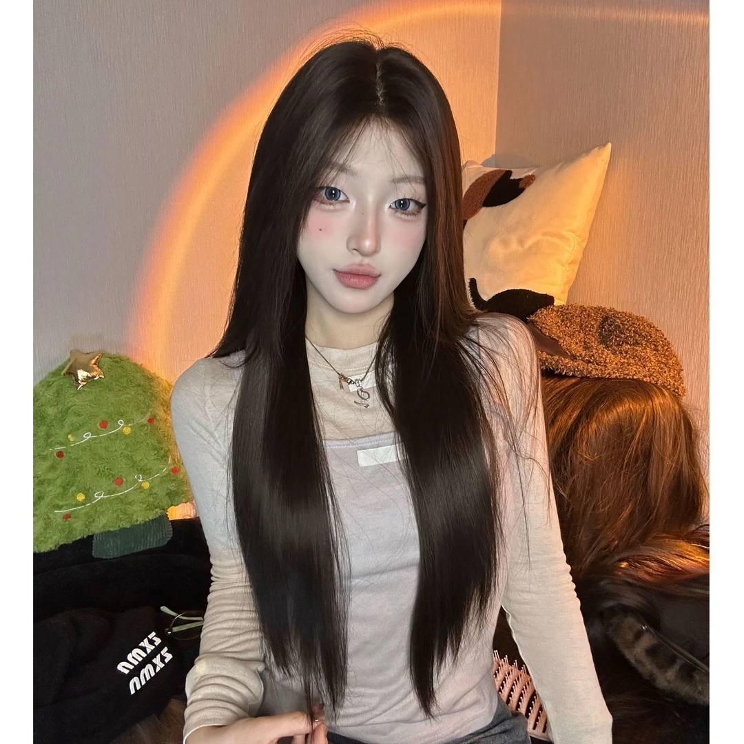 【黑茶色】前额五排蕾丝长直发假发女精修发货！素颜可带全头套-1