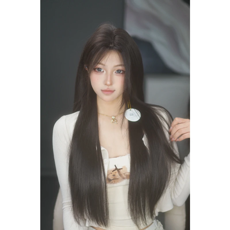 黑茶色前额五排蕾丝长直发假发女精修发货！素颜可带全头套