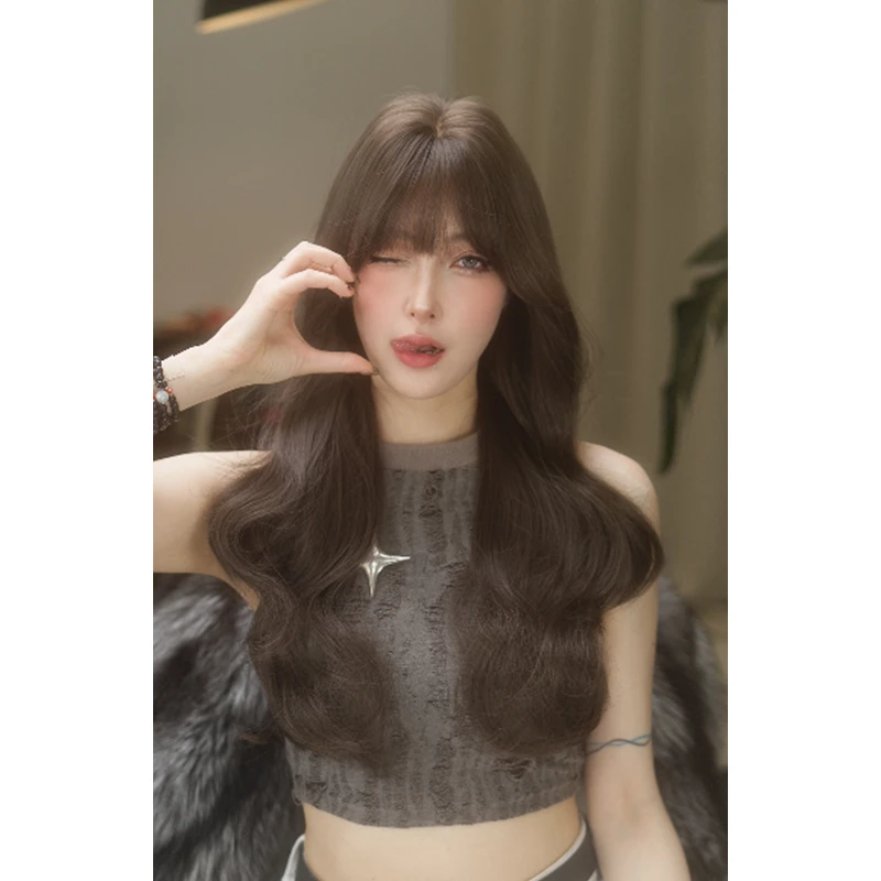【白桃】大头皮冷棕色自然全头套大波浪刘海款长发气质假发女