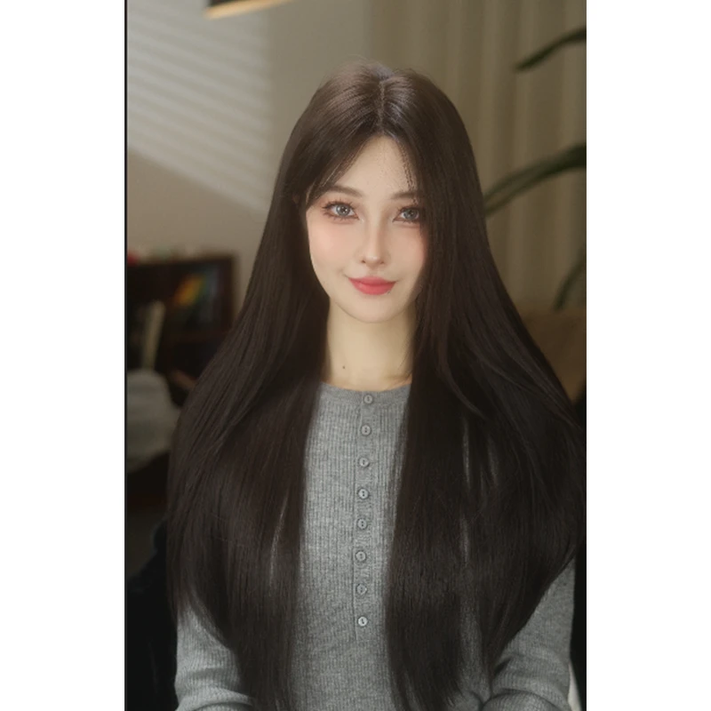 精修小额蕾丝黑茶色长直发假发女仿真头皮全头套假发