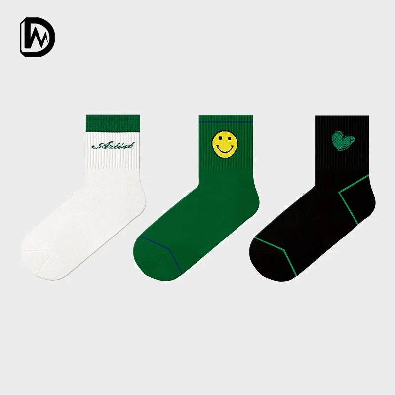缎魅秋冬无骨袜男女情侣中筒袜中短筒欧美风潮流字母笑脸运动袜棉