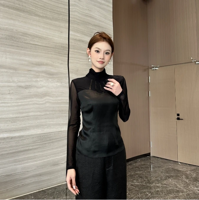 FSSIA雨萱｜100桑蚕丝香云纱百搭修身显瘦高领套头打底衫MS-4110