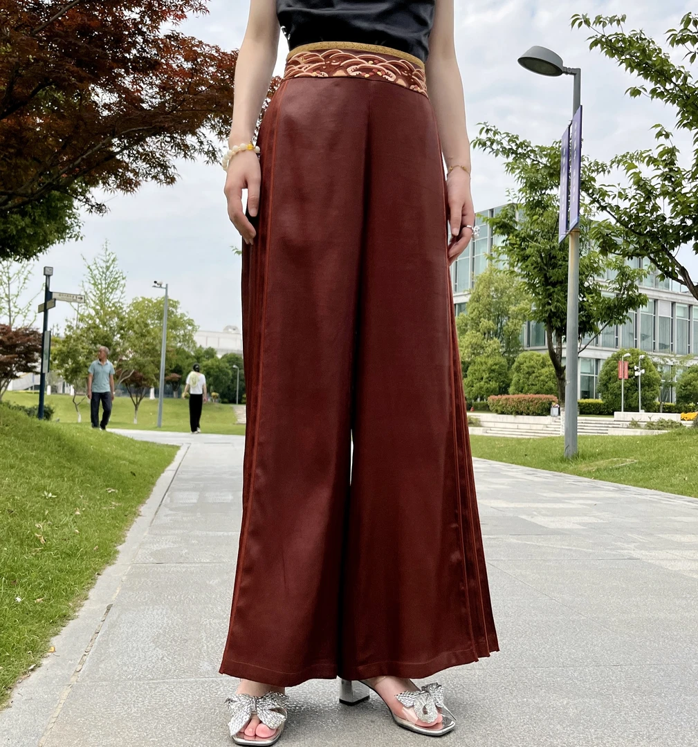 FSSIA兮容丨100桑蚕丝香云纱阔腿裤中国风红色绣花马面裤 A325