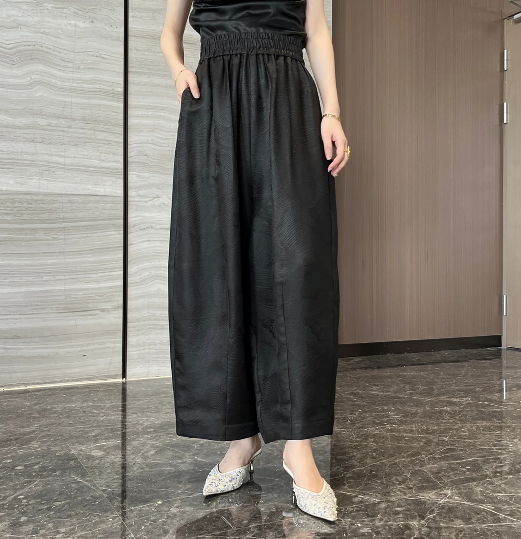 FSSIA香云纱老料提花桑蚕丝松紧腰显瘦花苞裤八分裤-3097