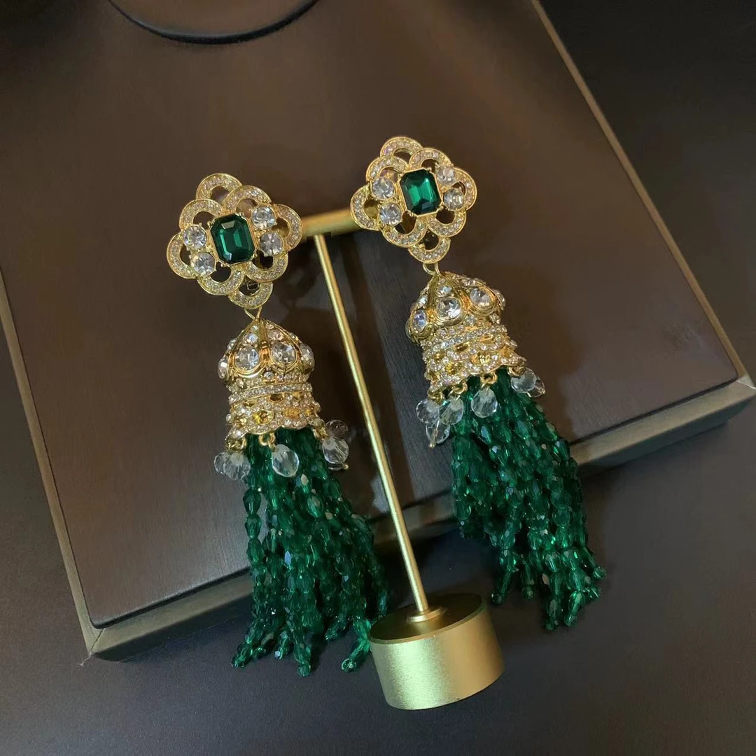 铜合金耳饰 青岛中古高级重工复古宫廷风流苏耳夹轻奢绿色耳饰