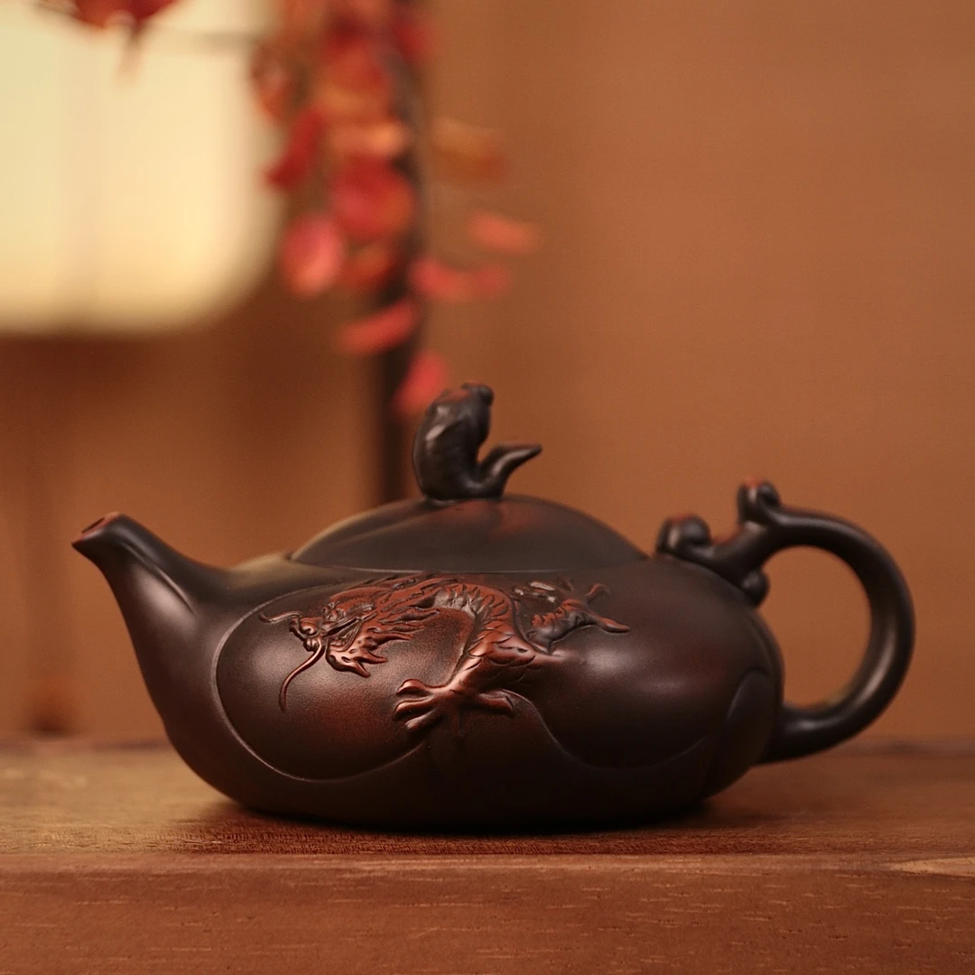 紫陶鱼化龙凤鸣壶大容量中式纯手工茶壶家用复古陶瓷紫砂壶C42
