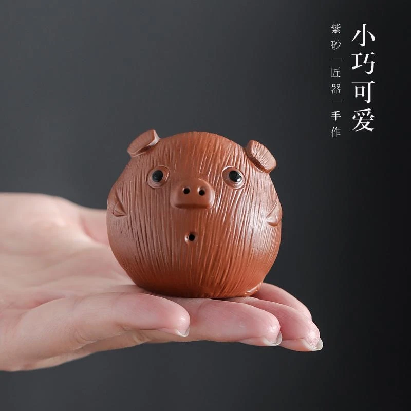 紫砂朱泥呆萌小猪茶宠摆件 G418