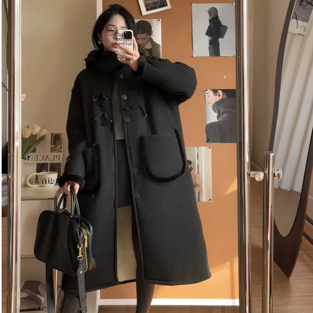 2024秋冬新款高级感牛角扣连帽睡衣家居服睡袍723