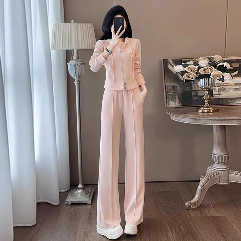 秋季网红炸街时尚运动休闲盐系穿搭粉色显瘦卫衣阔腿裤两件套装女