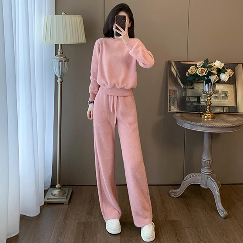 欧货休闲运动套装女春2024新款时尚洋气减龄粉色卫衣阔腿裤两件套