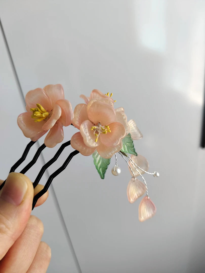 木子原创手工发梳粉金琉璃山茶花包邮绚丽国风日常清新复古气质