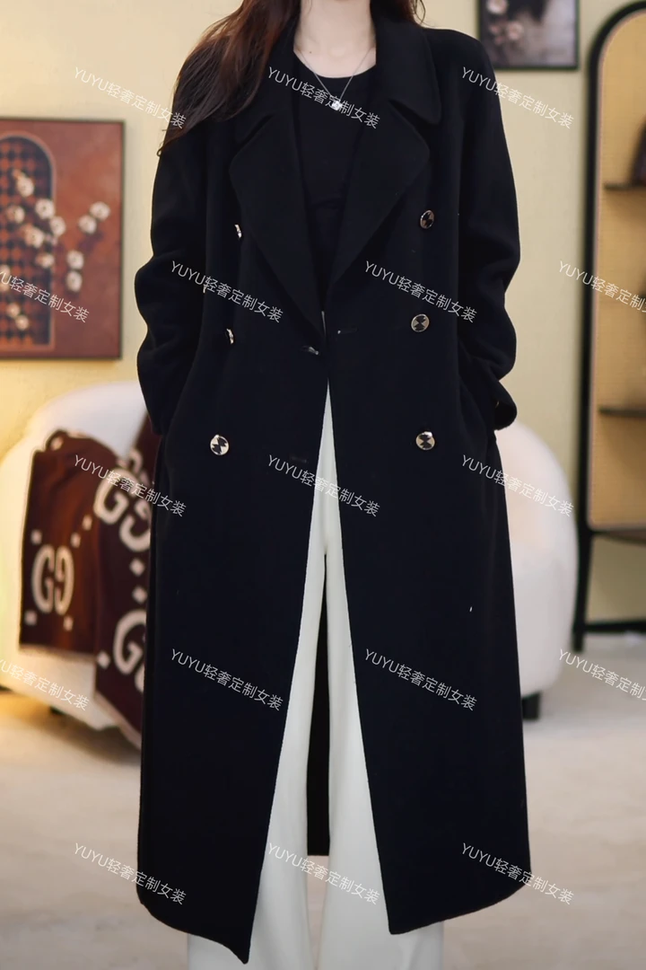 YUYU家【休闲日记】黑色双面羊毛大衣中长款2024年冬季新款外套2696