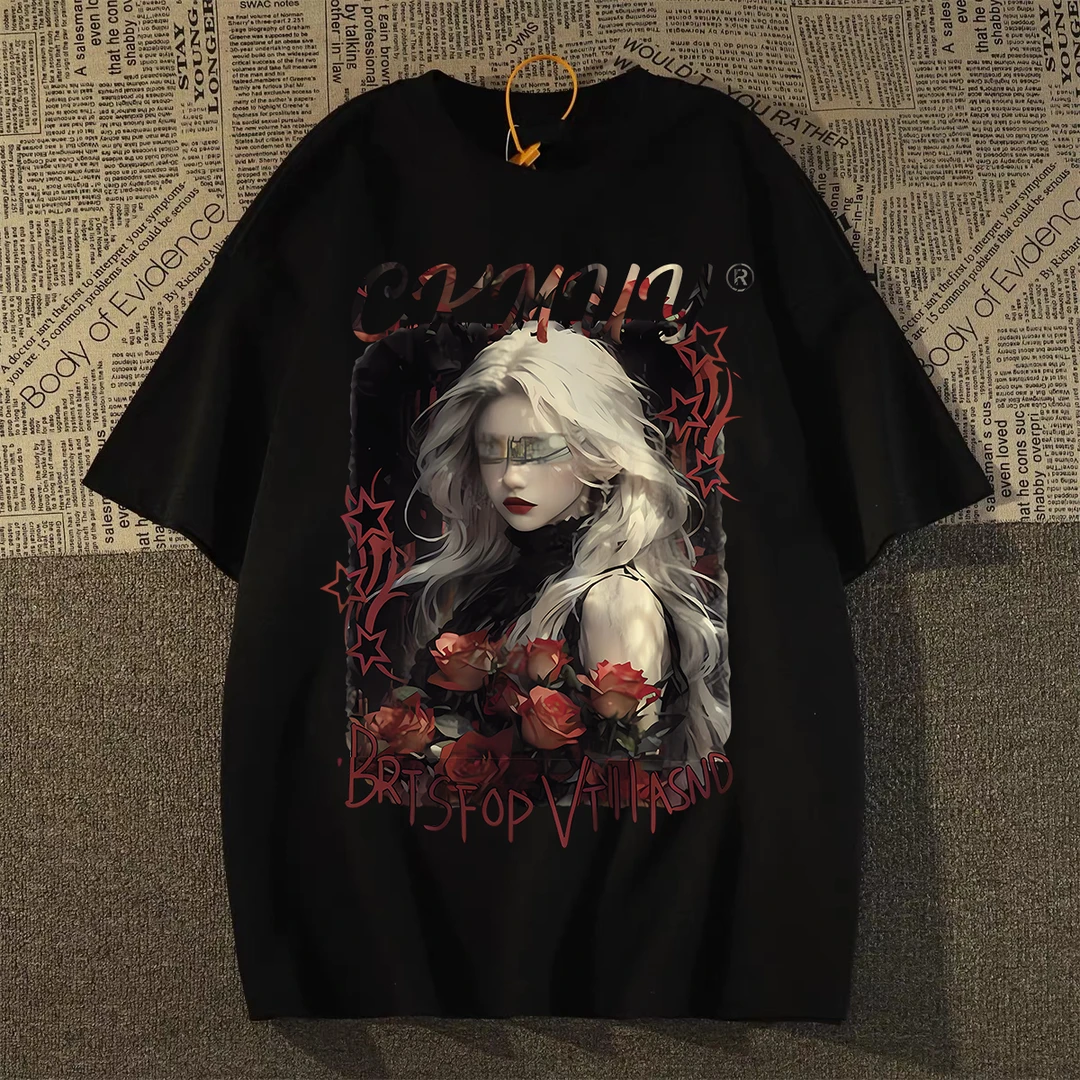 重磅纯棉夏季潮流圆领个性印花上衣短袖嘻哈百搭oversize港风休闲