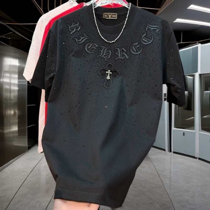 2024秋冬新款刺绣高品质轻奢T恤男士休闲时尚半袖十字烫钻77