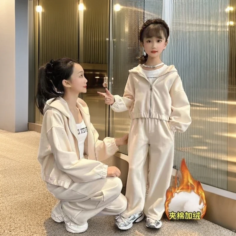 ~高级感两件套童女女童休闲秋冬季卫衣外套中大套装粉色阔腿裤