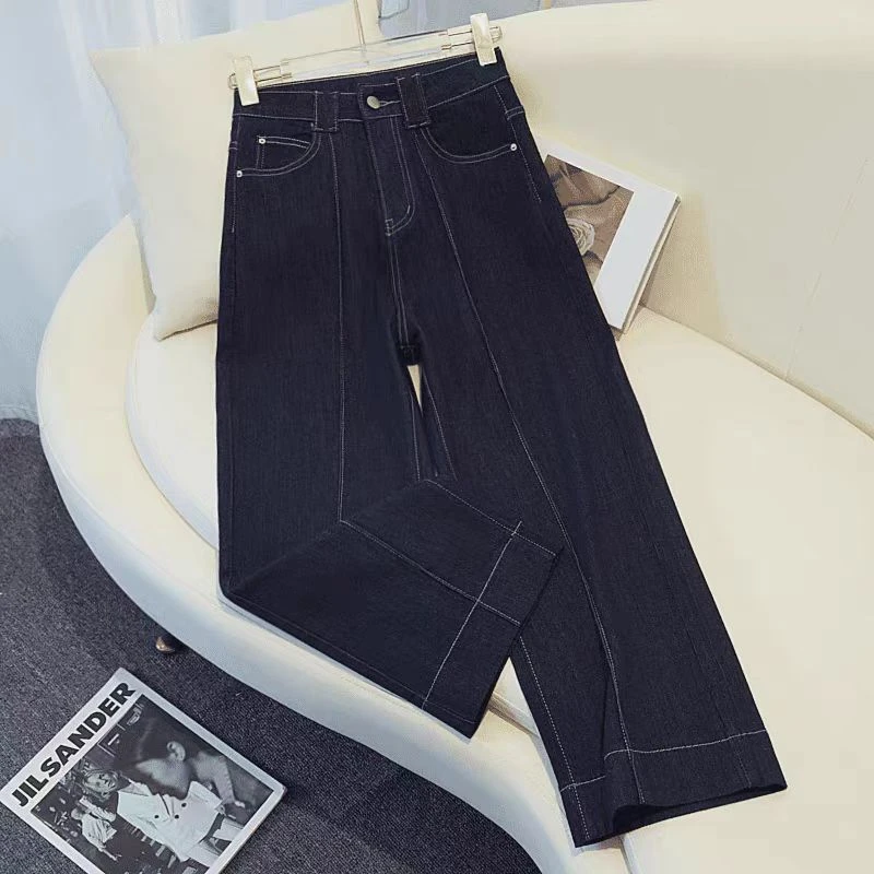 【拼接线】8887丹宁蓝秋季新款直筒牛仔裤女高腰宽松显瘦窄版阔腿1