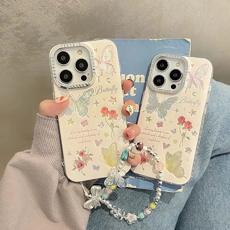 适用苹果15羽纱蝴蝶手机壳iphone14promax可爱防摔11/12/13创意壳