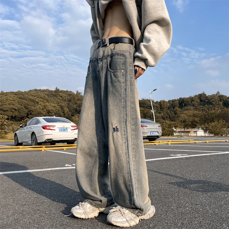 高街牛仔裤春夏新款美式复古宽松阔腿水洗做旧阔腿潮流牛仔裤男款