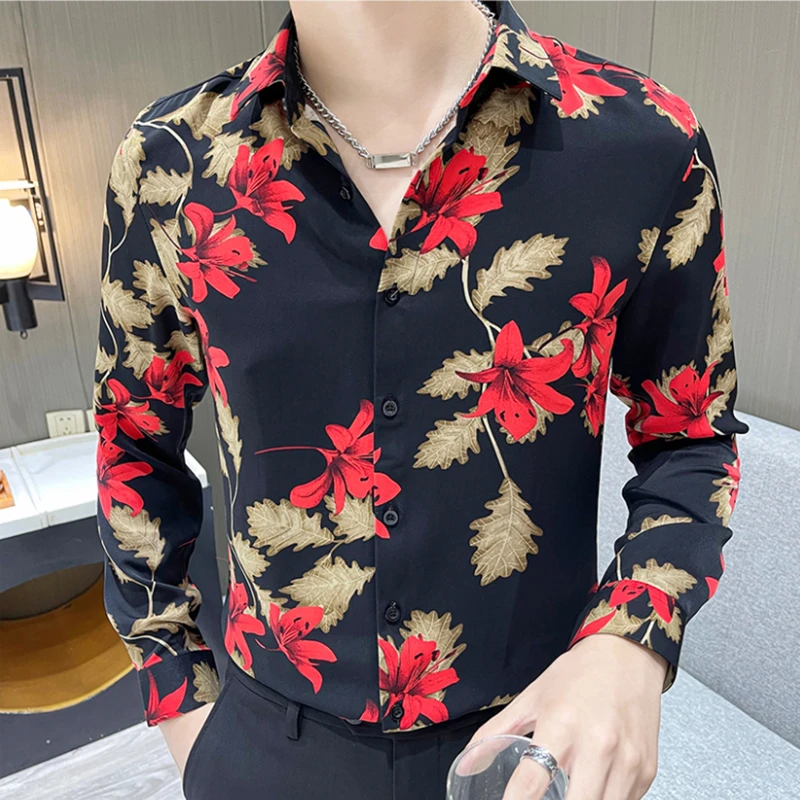 花衬衫男长袖修身韩版潮流ins痞帅复古碎花寸衫高级感印花衬衣服