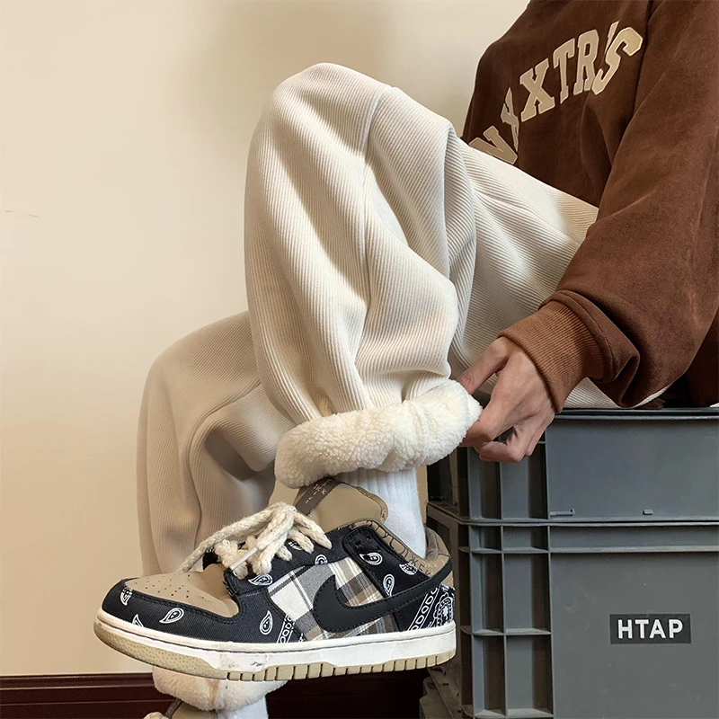 仓石一树潮牌羊羔绒裤子男冬季加绒加厚保暖宽松束脚休闲运动长裤