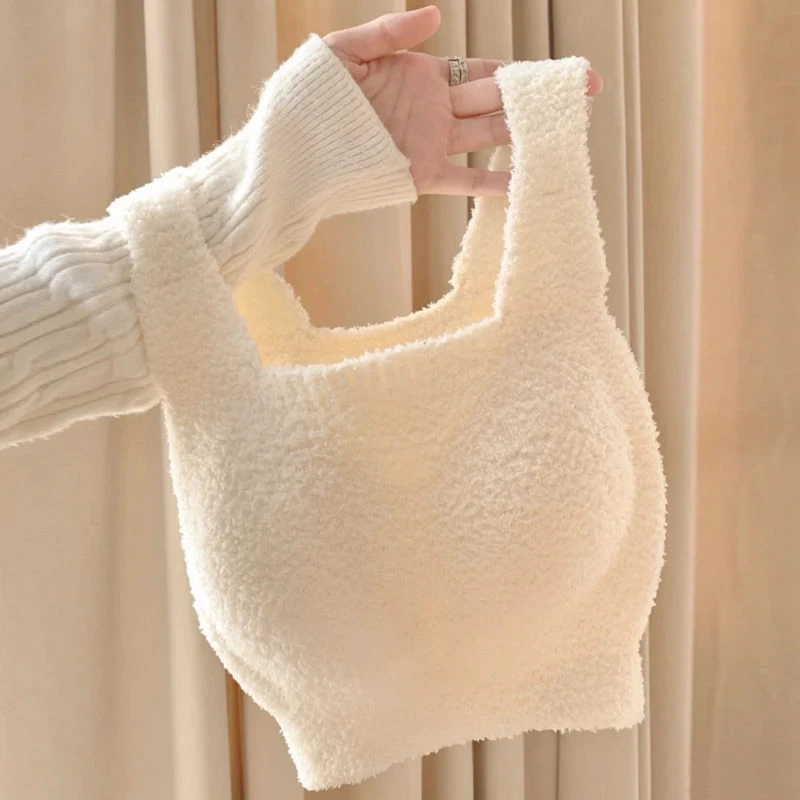 秋冬羊羔绒保暖内衣女一体杯舒适聚拢毛绒背心式发热文胸无钢圈