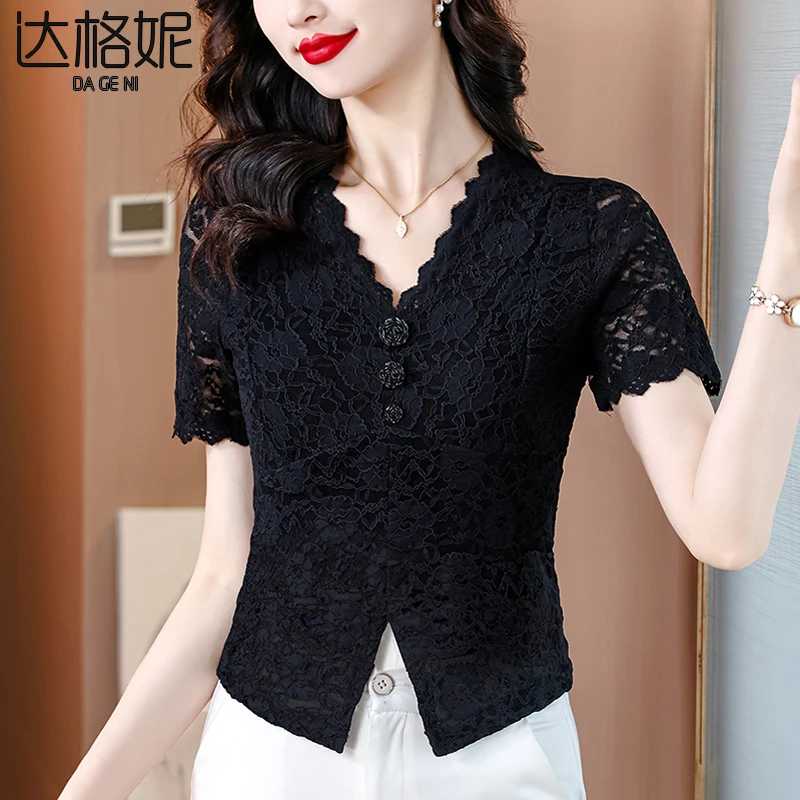 高级感V领蕾丝镂空短款上衣女2025夏季新款小众设计气质显瘦小衫