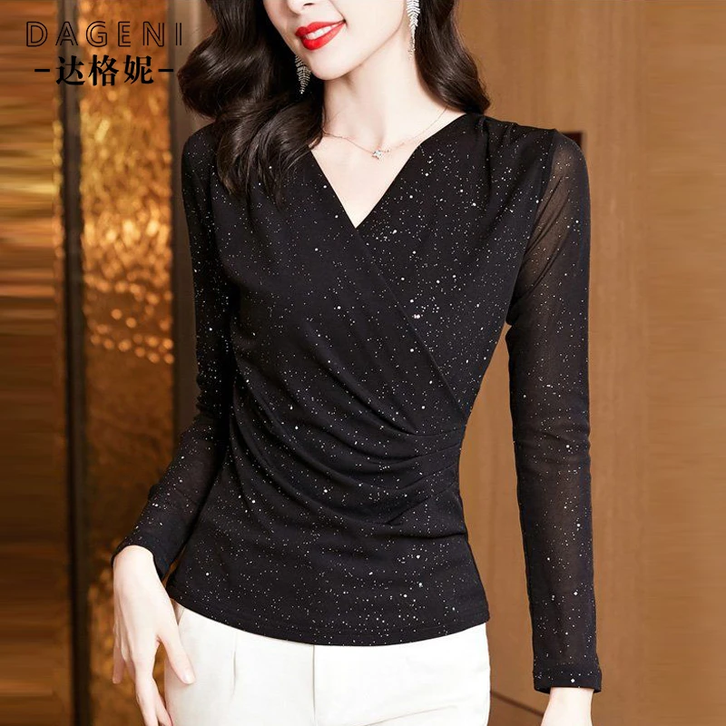 交叉V领打底衫女内搭春秋2025年新款气质网纱长袖T恤洋气小衫上衣