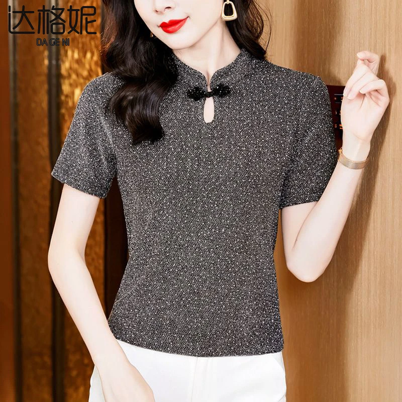 新中式立领盘扣亮丝短袖t恤女2024夏季新款气质减龄镂空显瘦小衫
