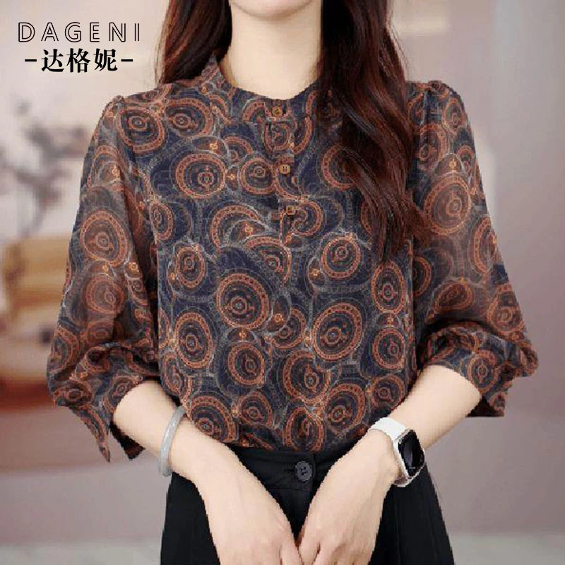 秋季新款印花雪纺七分袖衬衣女宽松显瘦妈妈小衫圆领百搭上衣女士