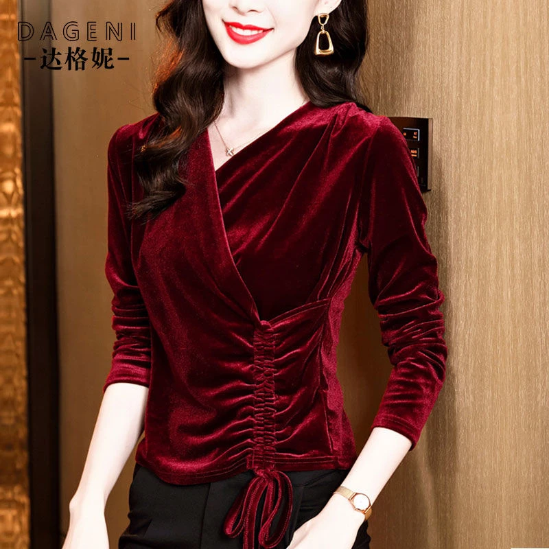 秋季新款交叉V领丝绒长袖上衣女装洋气收腰显瘦褶皱抽绳T恤小衫女