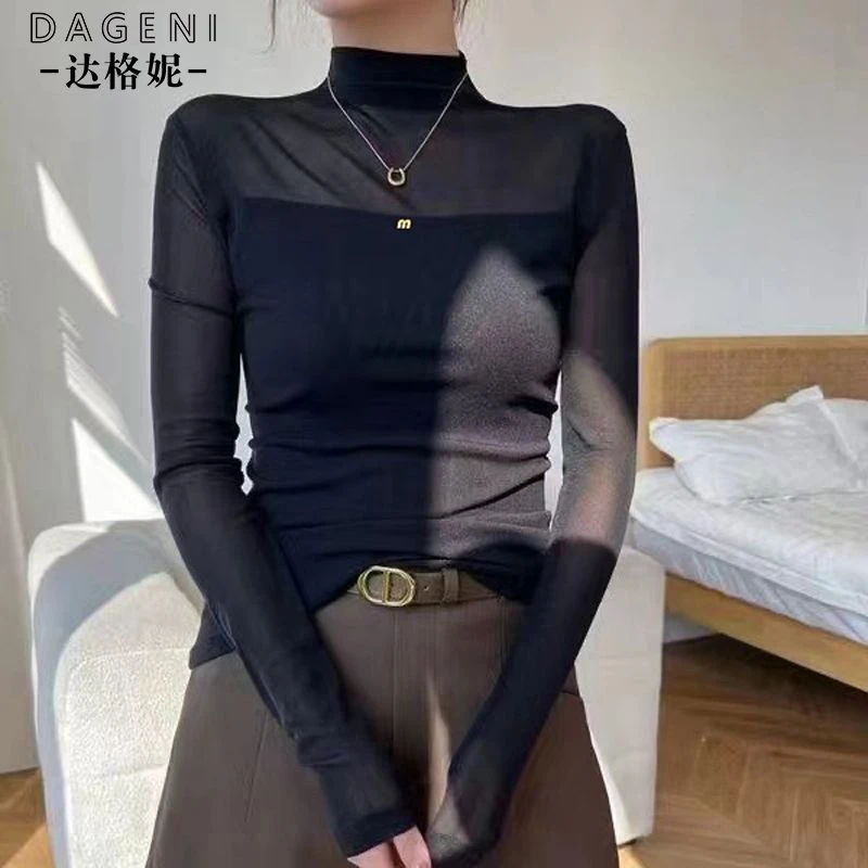 小半高领网纱黑色打底衫女士高端长袖T恤2024新款薄款上衣高级感