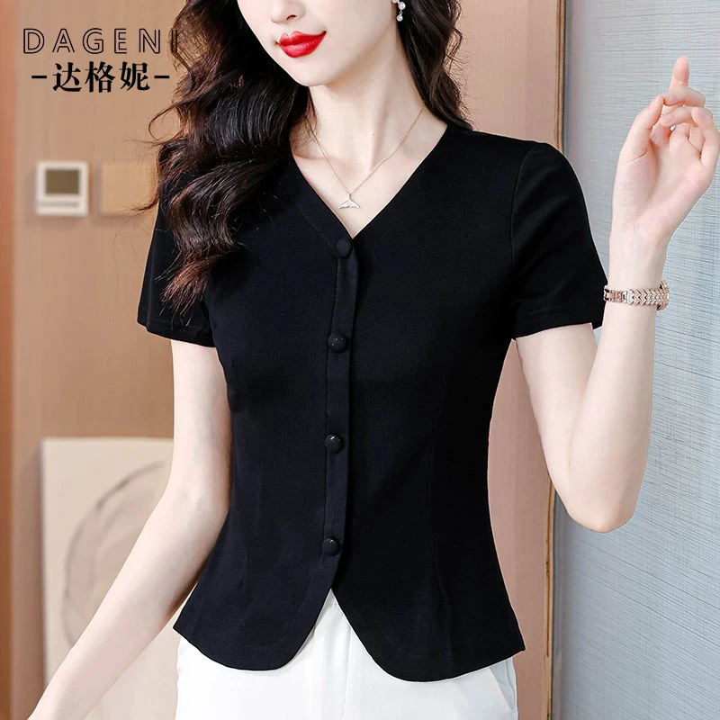 简约百搭黑色V领短袖t恤女2024夏季新款修身显瘦洋气开叉遮肚上衣