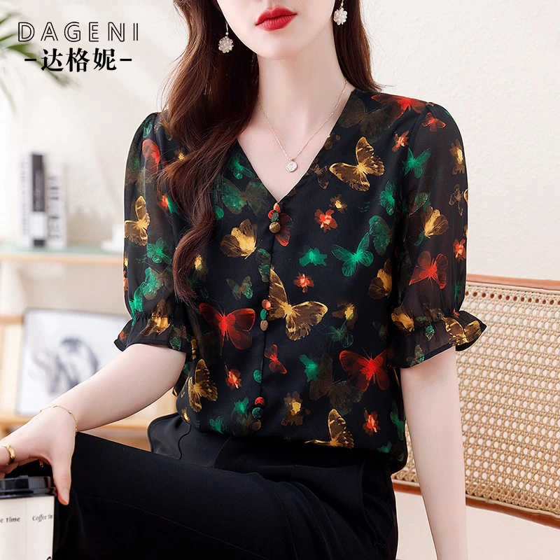 时尚优雅V领印花中袖雪纺衫女2024夏季新款遮肉显瘦洋气减龄小衫