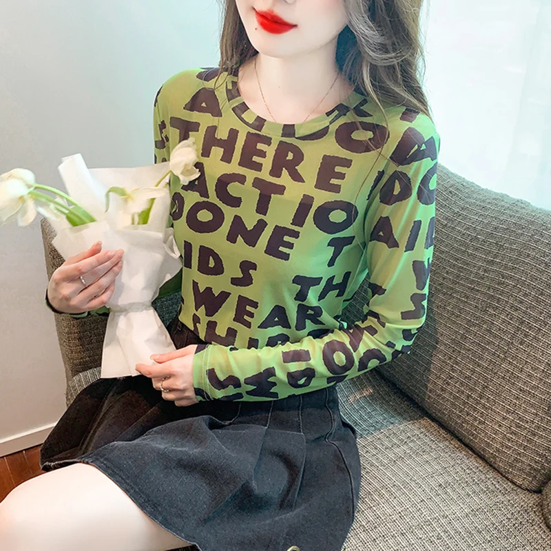 达格妮字母印花长袖防晒上衣夏季新款冰丝网纱内搭空调衫薄款小衫