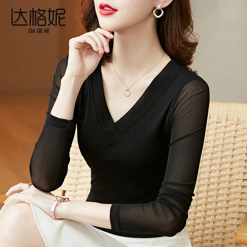 达格妮网纱打底衫内搭春秋V领洋气修身上衣女新款时尚妈妈长袖t恤