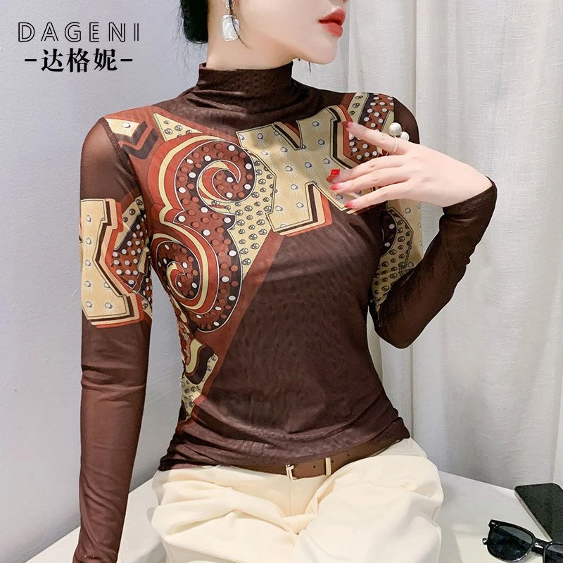 设计感印花网纱打底衫女士内搭2024秋季新款复古修身显瘦长袖上衣