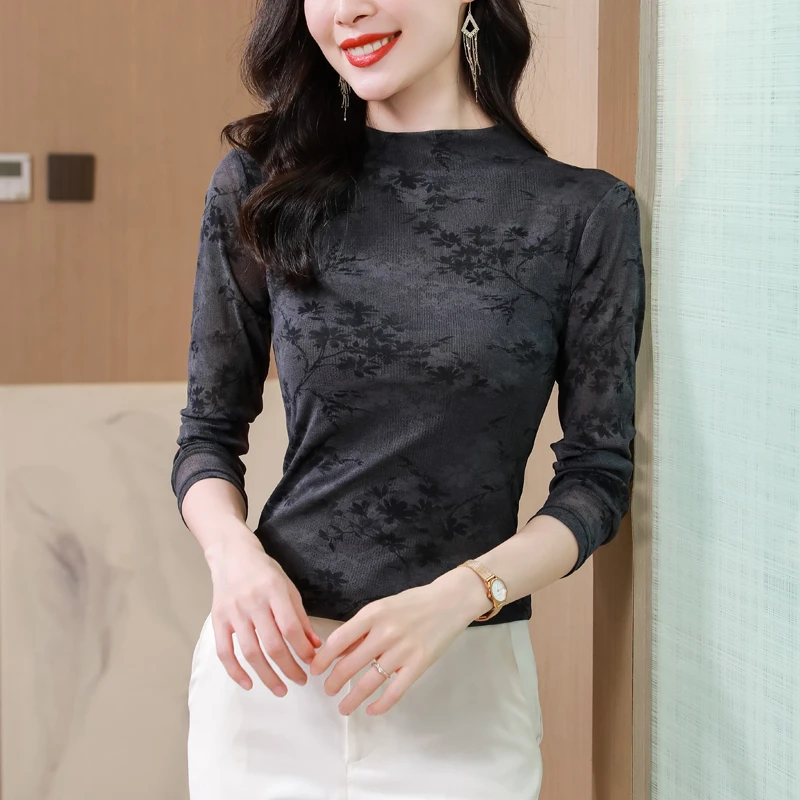 半高领长袖网纱打底衫女2025秋季新款漂亮减龄洋气小衫内搭上衣潮