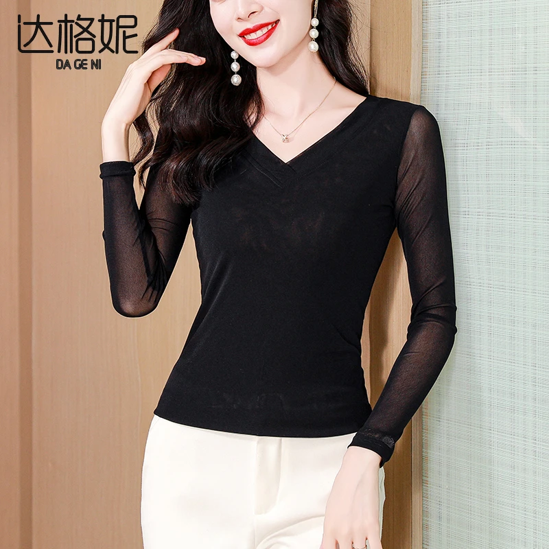 V领网纱打底衫女内搭2025年春秋新款时尚蕾丝小衫黑色长袖t恤上衣