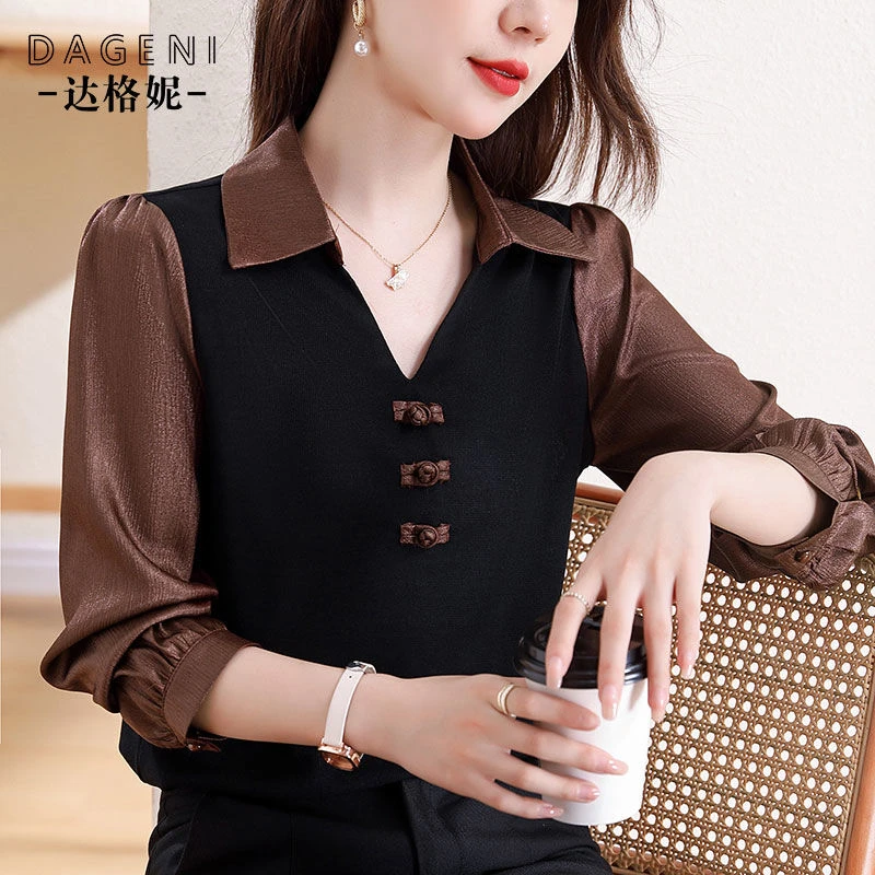 新中式盘扣缎面衬衫女秋季新款假两件高端气质小衫宽松遮肚上衣女