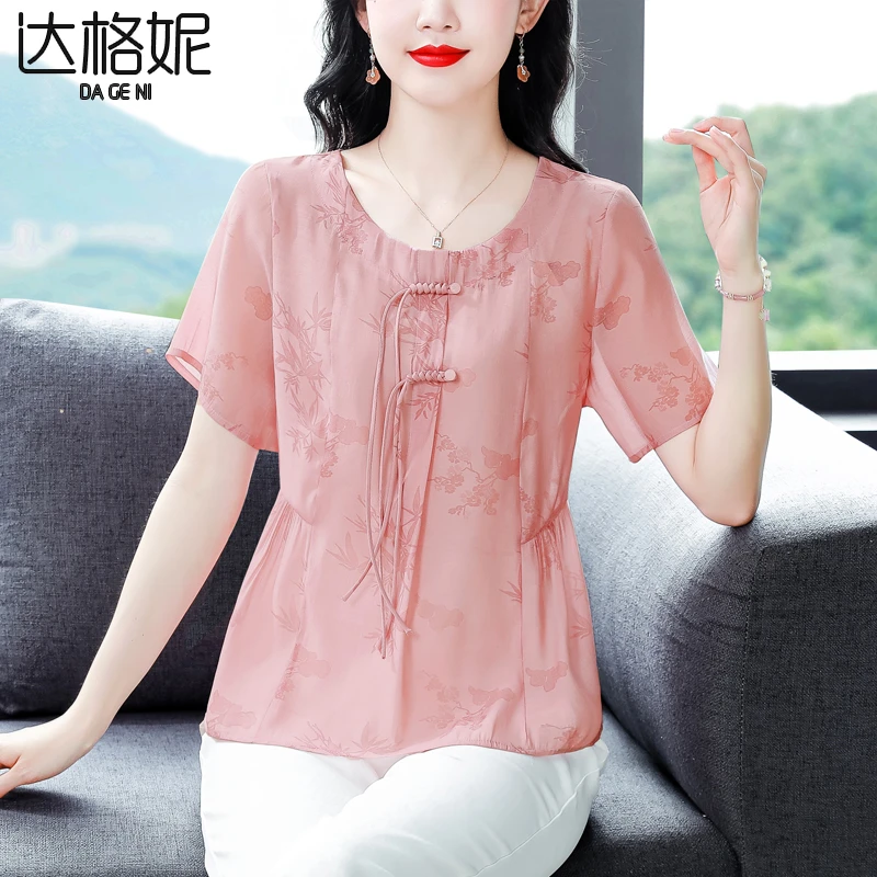 复古盘扣圆领印花短袖雪纺衫女2024夏季新款小众设计时髦洋气小衫